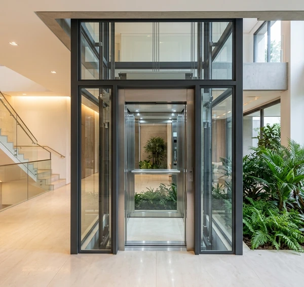 Elevador panorâmico de vidro em hall claro, com estrutura metálica escura, escada e vegetação
