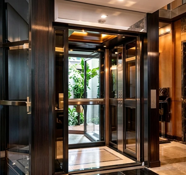 Cabina moderna envidraçada integrada à arquitetura com iluminação quente