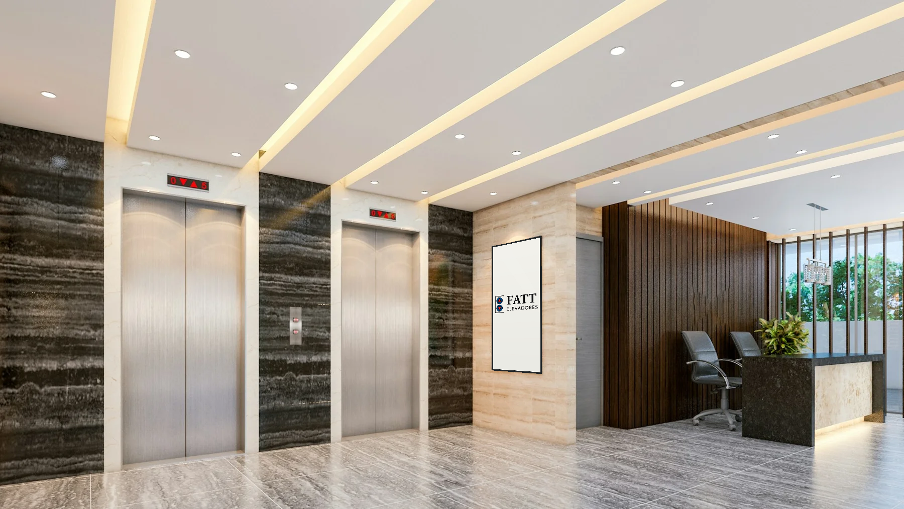 Hall contemporâneo com dois elevadores em aço inox e painel digital com a logo FATT Elevadores