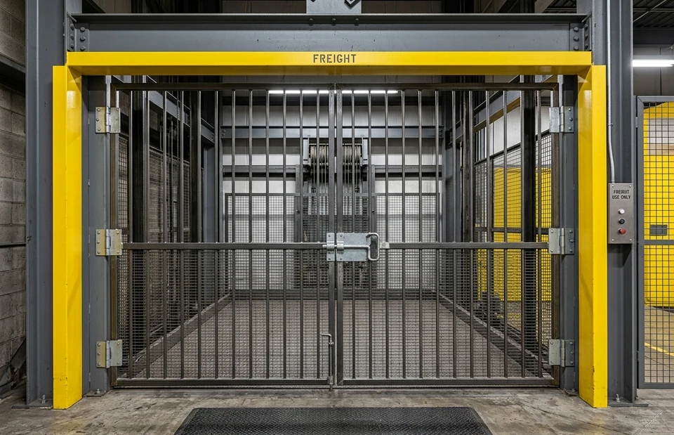 Elevador de carga com fechamento metálico gradeado e estrutura amarela