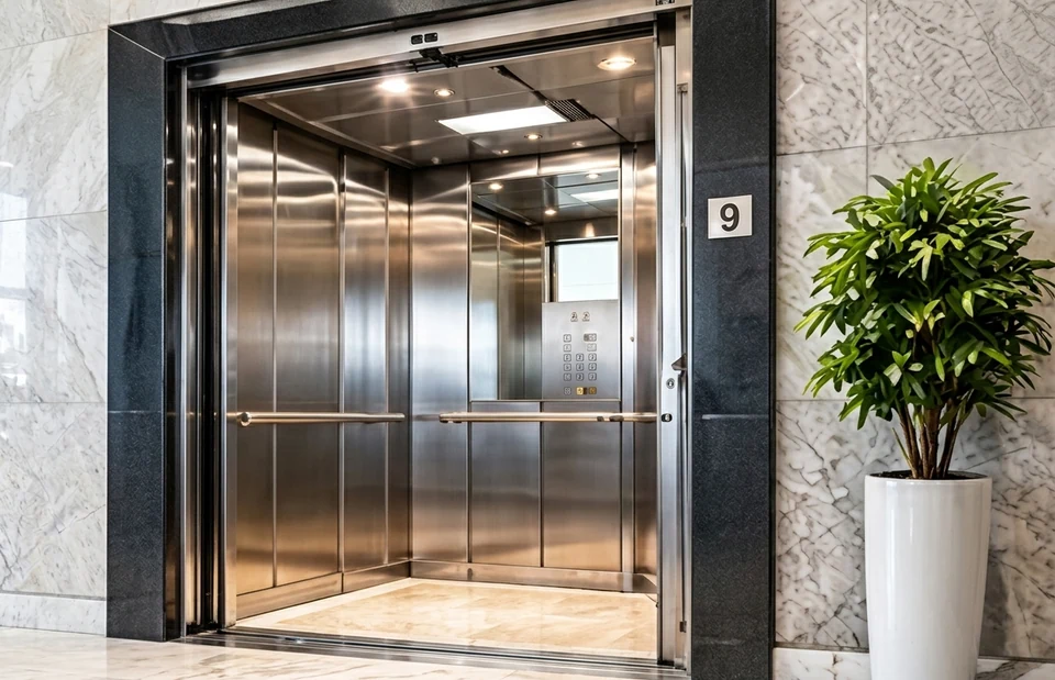 Elevador elétrico aberto em hall de mármore claro, com cabina em inox