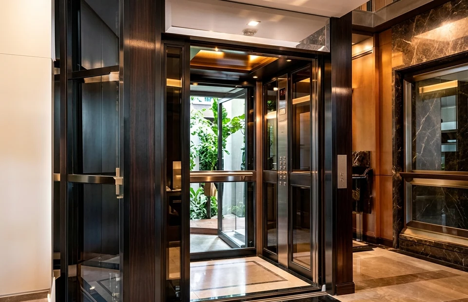 Elevador residencial com iluminação quente e detalhes em vidro