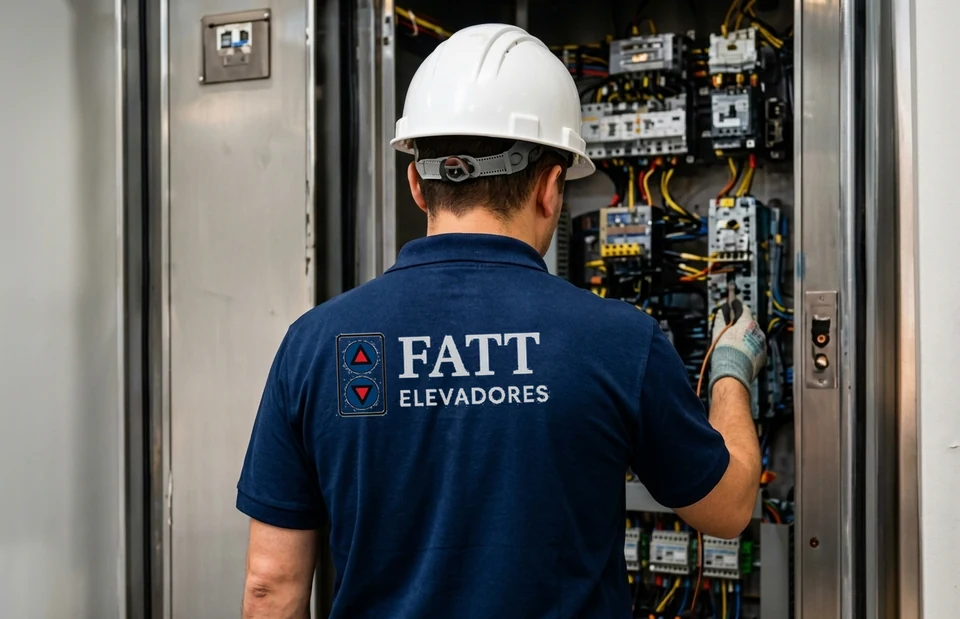 Técnico de costas, com uniforme FATT e capacete branco, diante de painel de elevador