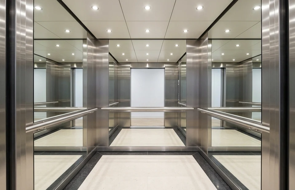 Cabina de elevador com acabamento espelhado e corrimãos